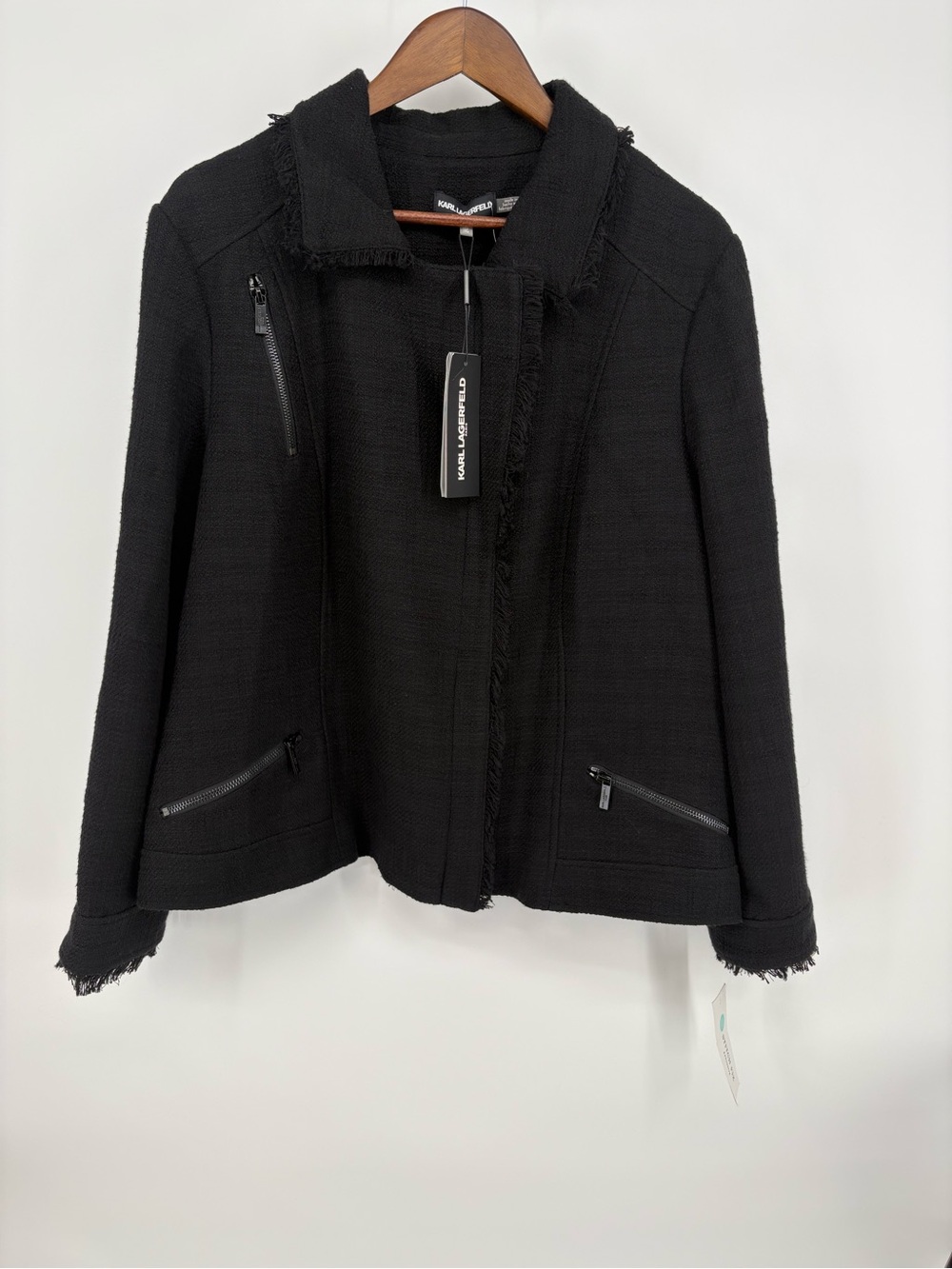 Karl Lagerfeld Black Frayed-Trim Zip Blazer